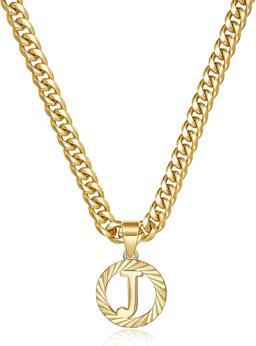 KissYan Gold Initial Necklace,14K Gold Plated Round Letter Pendant Hollow Capital Monogram 5mm Cuban Chain Necklace Alhpabets from A-Z Dainty Jewelry for Women Men