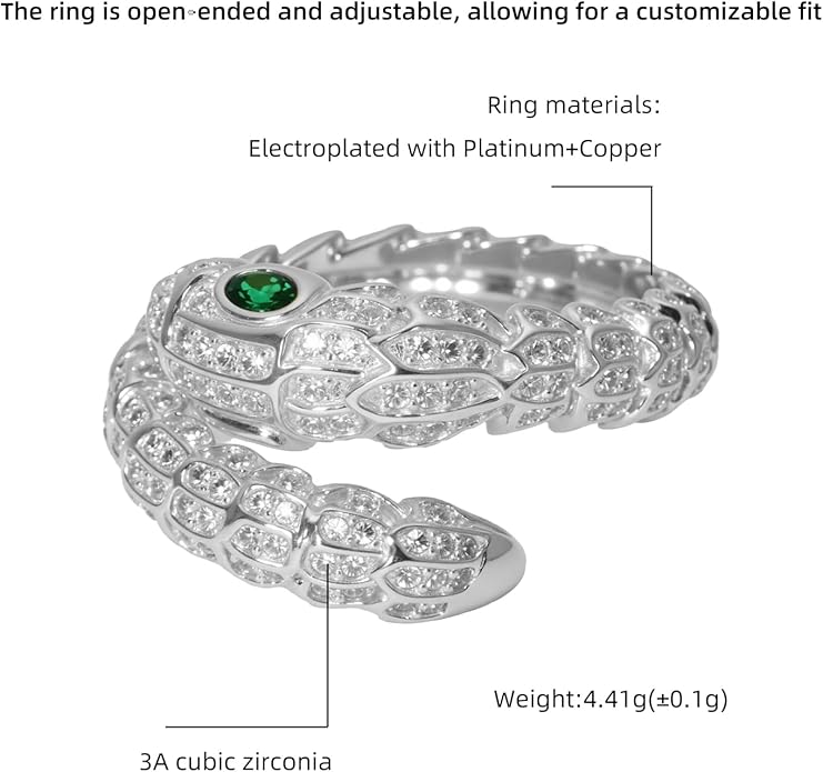 Aura & lrena Adjustable Snake Rings for Wome, 18K Gold or Platinum Plating Open-Ended Ring with AAA Cubic Zirconia Fashion Jewelry, Statement Gift Design Rings for Men and Women Non Tarnish