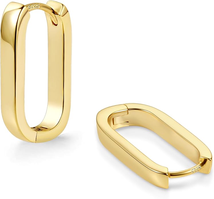 925 Sterling Silver Hoop Earrings for Women Small Square Hypoallergenic 14K Gold Plated Hoop Earrings Geometric Minimalist Rectangle Hoops
