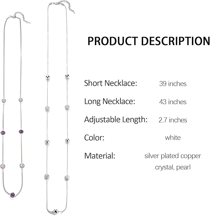 Silver Layered Long Necklace for Women Pearl Crystal Sweater Strand Chain Necklaces Fashion Gifts
