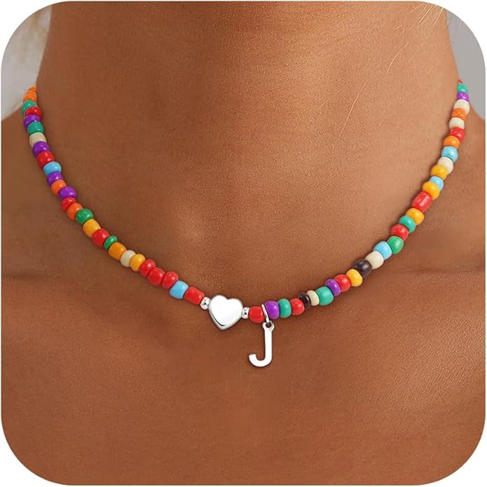 Colorful Initial Necklaces for Girls Women Kids - Teen Girls Gifts Trendy Stuff Beaded Initial Necklace Dainty Letter Choker Necklace for Girl Gifts Jewelry