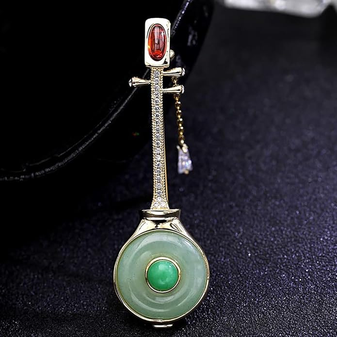 14K Gold Pipa-Shaped Brooch with Moissanite Accents - Elegant Chinoiserie Handcrafted Jewelry, Unique Shawl Pin for Women, Ideal Gift for Birthdays and Special Events