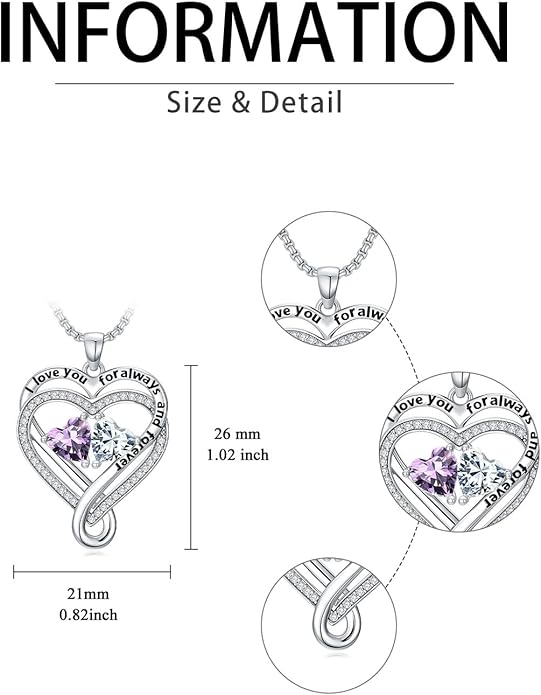 I Love You for Awlays and Forever Double Heart Necklace with Birthstone, 2 Birth Stone Jewelry Anniversary Valentines Mothers Day Christmas Birthday Gifts for Women Her Wife Girlfriend Mom Mother