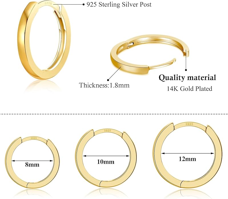 3 Pairs 925 Sterling Silver Hoop Earrings 14K White Gold Plated Small Silver Hoops Cartilage Huggie Earrings for Women Men