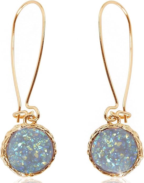 Simulated Druzy Threader Drop Earrings for Women - Gold, Silver, or Rose Gold Tone Trendy Boho Dangles with Sparkly Round Stone