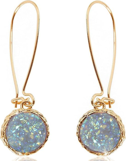 Simulated Druzy Threader Drop Earrings for Women - Gold, Silver, or Rose Gold Tone Trendy Boho Dangles with Sparkly Round Stone