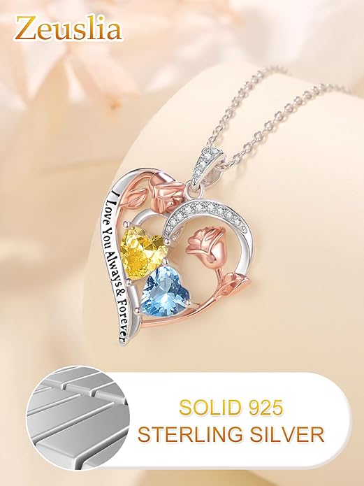 Zeuslia Double Birthstone Necklace Gifts for Wife - 925 Sterling Silver Sunflower/Rose/Crown Cross/Compass/Heart Pendant I Love You Necklace, Anniversary Birthday Gifts for Wife Girlfriend Mom Her