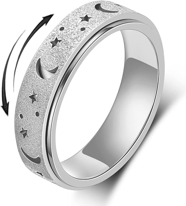 AmorArtSky Anxiety Ring for Women Men, Titanium Stainless Steel Spinner Ring, 5 Colors, 6MM, Size 6-10, 3 Styles Anxiety Ring-Moon Star, Sandblasted Finished, Hollow Outer