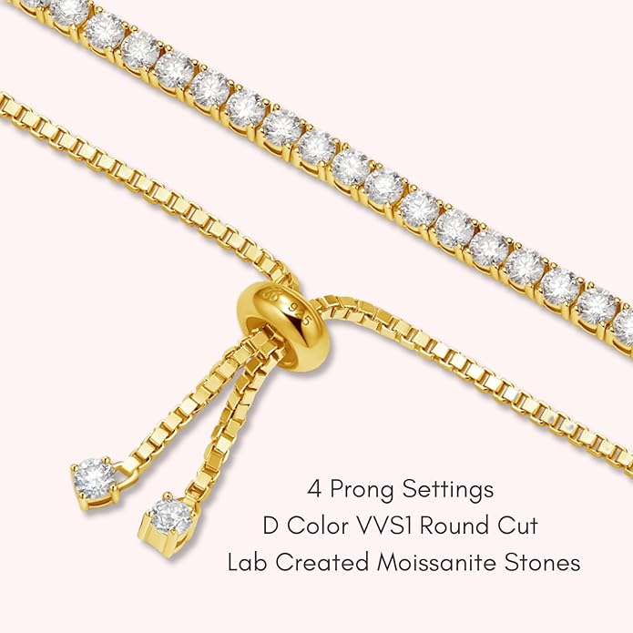 LOVE&LOVE Moissanite Tennis Bracelets for Women, 3mm & 4mm D Color VVS1 Round Cut｜925 Sterling Silver Adjustable Bracelet, Jewelry Gift Her Birthday Anniversary