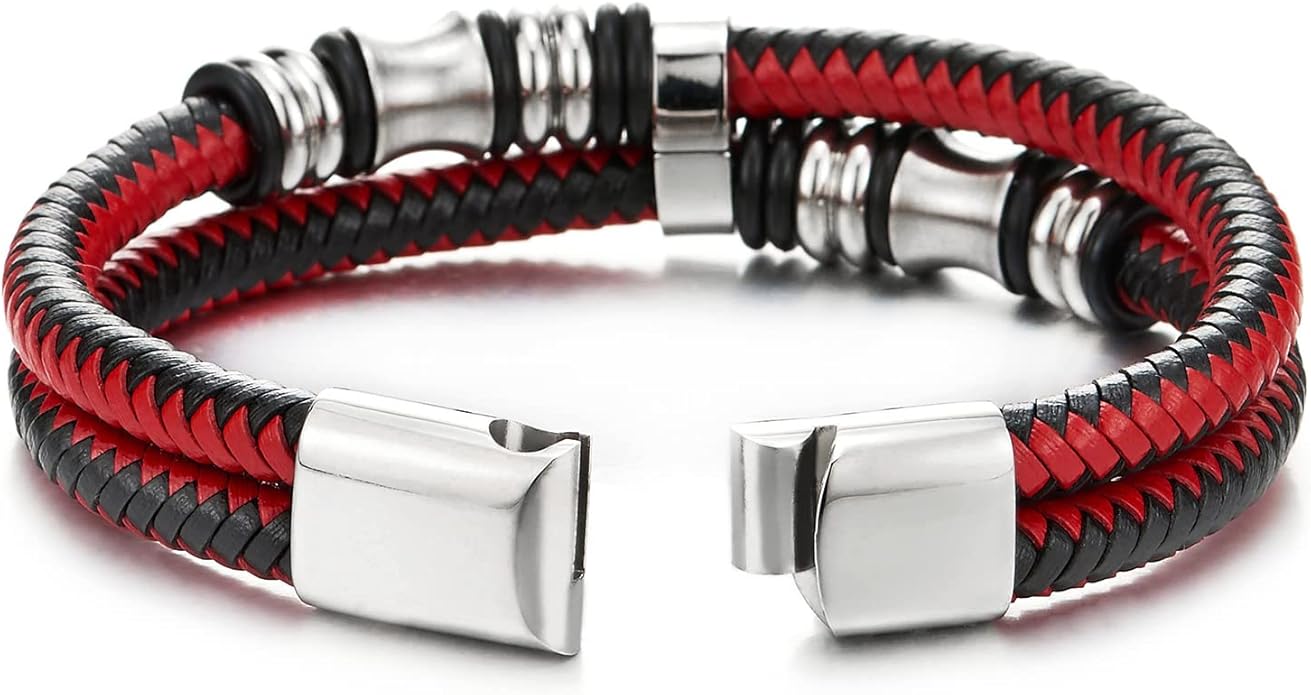 COOLSTEELANDBEYOND Mens Double-Row Braided Leather Bracelet Bangle Wristband with Stainless Steel Ornaments