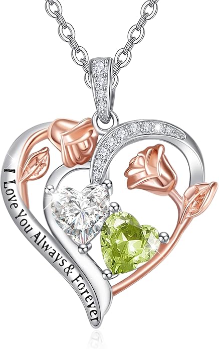 Zeuslia Double Birthstone Necklace Gifts for Wife - 925 Sterling Silver Sunflower/Rose/Crown Cross/Compass/Heart Pendant I Love You Necklace, Anniversary Birthday Gifts for Wife Girlfriend Mom Her