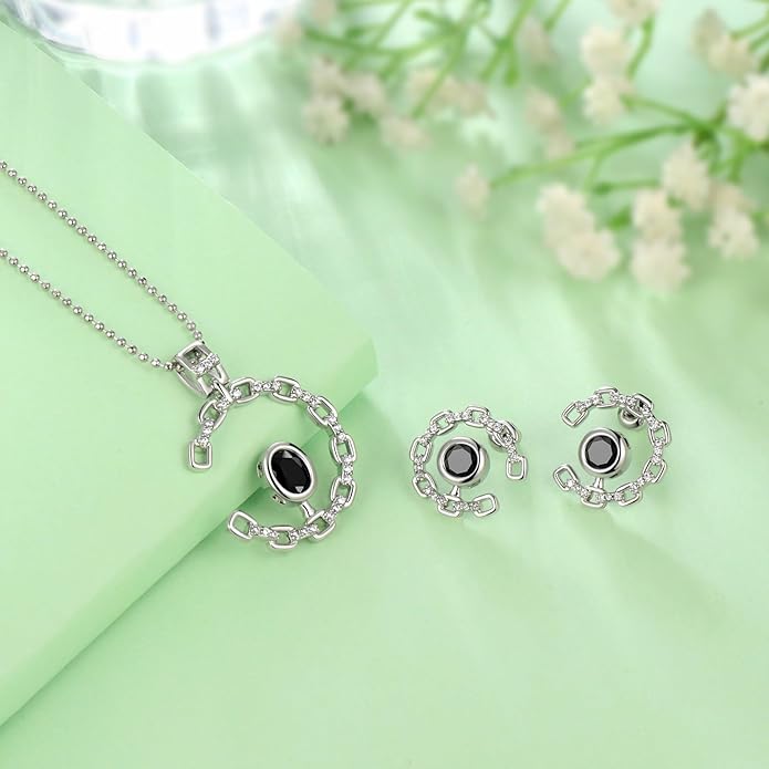 Ydou Elegant C-Shaped Crystal Necklaces/Stud Earrings Set with Birthstone Jewelry Set Silver Plated Fashion Jewelry for Women CS0003
