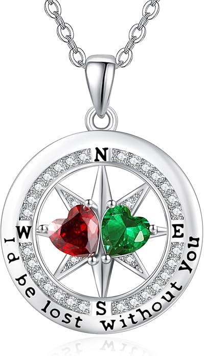 Compass Birthstones Necklace for Women, Exquisite Anniversary Birthday Gifts for Wife Her Double Birthstone Pendant jewelry ‘I'd be Lost Without You’