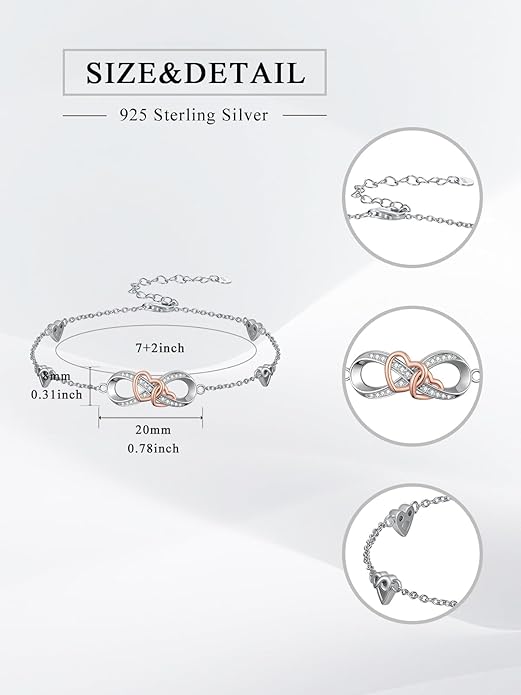 Infinity Love Heart/Claddagh Bracelet for Women 925 Sterling Silver Charm Link Bracelet Adjustable Valentine’s Day Jewelry Gift for Her