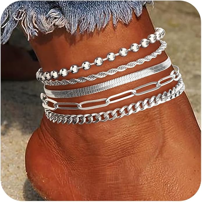 Sterling Silver Anklet Bracelets for Women Waterproof, 925 Sliver Plated CZ & Heart Charm Dainty Layer Anklets for Women Trendy, Simple Chain Anklets Set Gifts for Women, Jewelry Gifts for Her Women Mom Wife Girlfriend