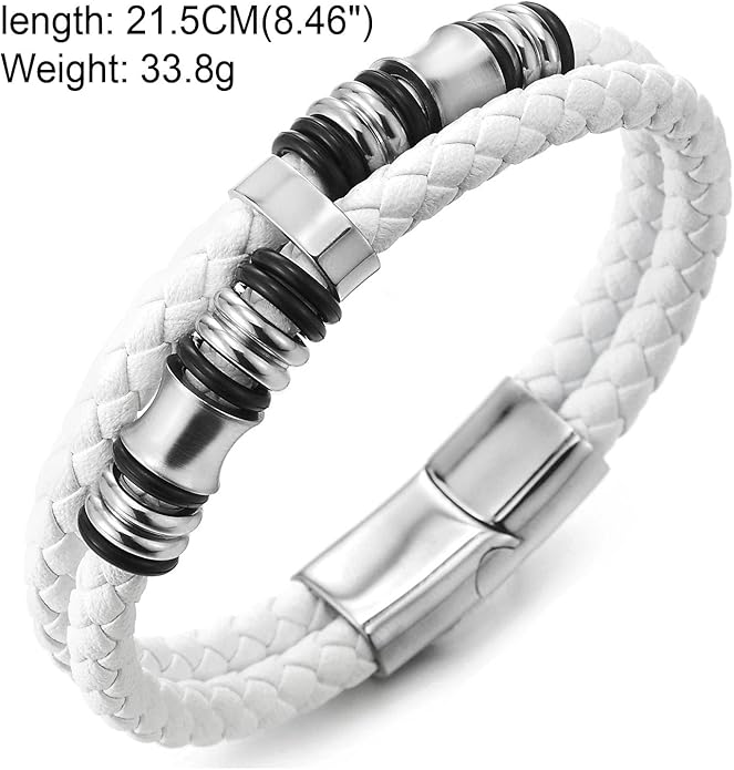 COOLSTEELANDBEYOND Mens Double-Row Braided Leather Bracelet Bangle Wristband with Stainless Steel Ornaments