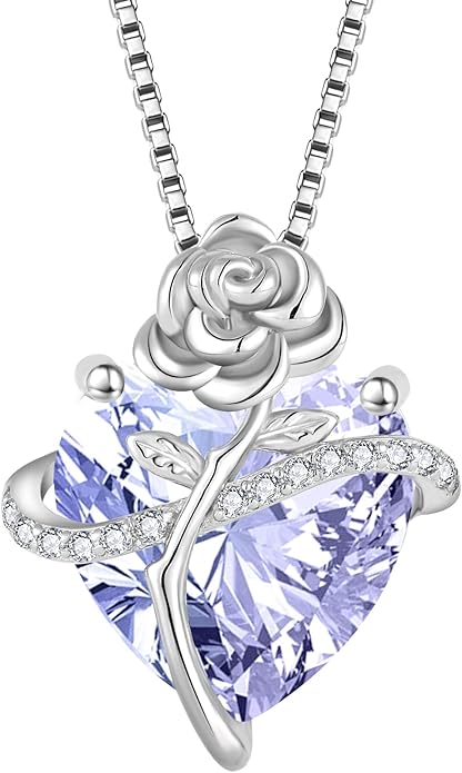 Birthstone Necklace for Women 925 Sterling Silver Love Heart Rose Flower Necklace Dainty Jewelry Gifts for Women Wife Girlfriend Mother Daughter Her
