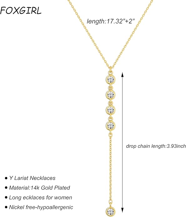 Foxgirl Lariat Gold Necklace for Women, Dainty Long Necklace 14k Gold Plated/Silver Y-Shaped Pendant Necklace Trendy Layered Cz Beaded Chain Drop Necklaces Simple Gold Jewelry For Women Gift