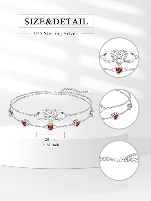 Dorunmo 925 Sterling Silver Infinity Heart Birthstone Anklet Bracelets for Women Best Mother's Day Birthday Jewelry for Wife Girlfriend Mom Her