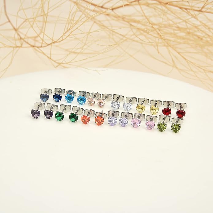 12 Pairs 18K Gold Plated Surgical Stainless Steel Stud Earrings, Star Heart Square Stud Earring for Women, Cubic Zirconia Birthstone Stud Earrings Set