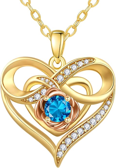 Infinite Heart Birthstone Necklaces for Women Gold Plated Pendant Wedding Anniversary Birthday Gift for Wife Her Mom Grandma Daughter Jewelry with Round Birthstone