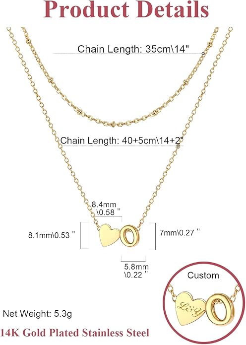 FOCALOOK Layered Initial Necklace for Women, 14K Gold Plated Choker Necklaces Stacks with Initial A-Z, Dainty Silver Heart Pendant Necklace Personalized Birthday Women Jewelry