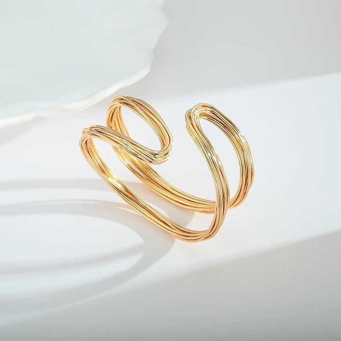 Gold Cuff Bracelet for Women Chunky Multi-layer Cross Wire Open Bracelet Hollow Wide Cuff Bracelets Adjustable Gold Open Cuff Bangle Bracelet