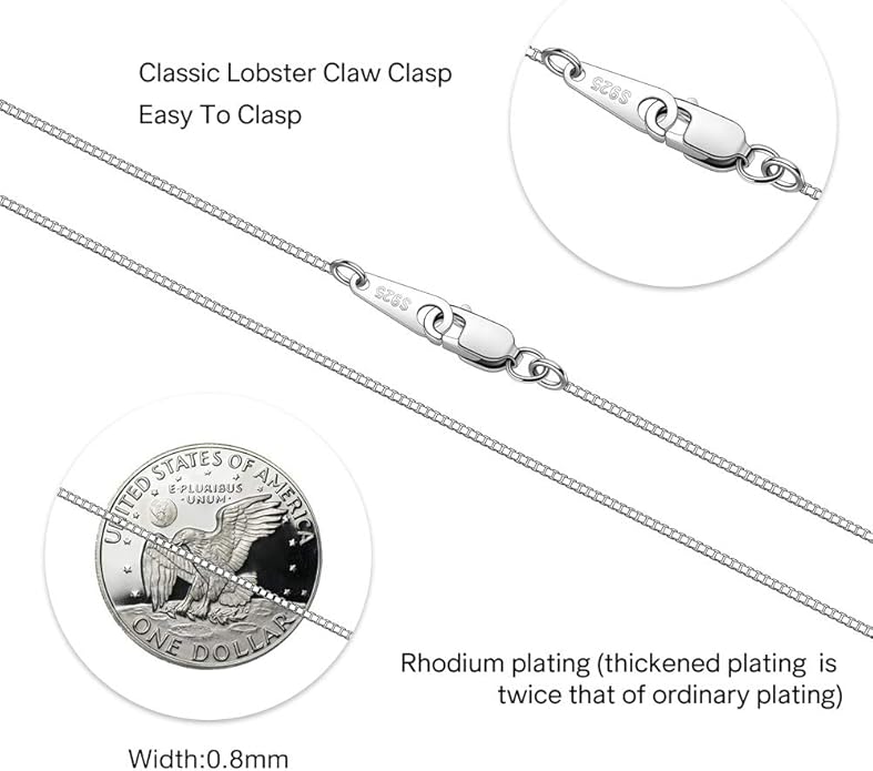 925 Sterling Silver Chain Necklace for Women 0.8mm Box Chain, Italian Necklace Chain, Super Strong & Thin & Long16/18/20/22/24 Inches