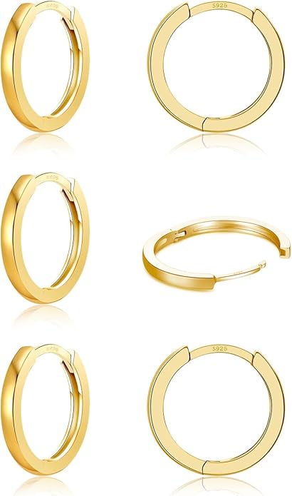 3 Pairs 925 Sterling Silver Hoop Earrings 14K White Gold Plated Small Silver Hoops Cartilage Huggie Earrings for Women Men