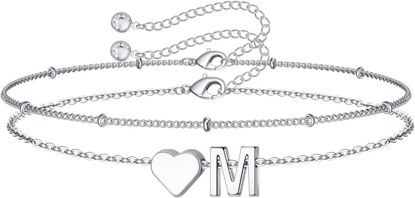M MOOHAM Christmas Gifts for Grandkids Teens Girls -14K-Gold-Plated Heart Initial Bracelets for Women Girl Dainty Gold Bracelets Birthday Gift Stocking Stuffers for Women Teenage Girls Kids Gifts