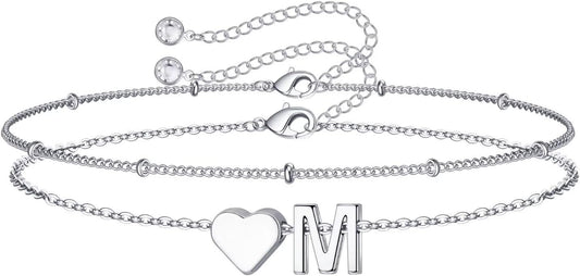 M MOOHAM Christmas Gifts for Grandkids Teens Girls -14K-Gold-Plated Heart Initial Bracelets for Women Girl Dainty Gold Bracelets Birthday Gift Stocking Stuffers for Women Teenage Girls Kids Gifts