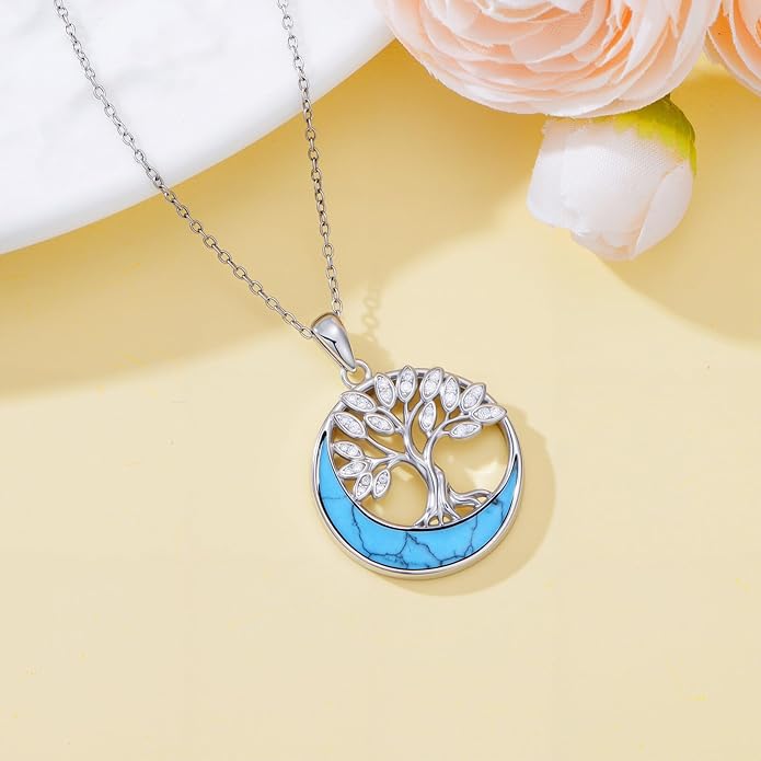 SELKAT 925 Sterling Silver Turquoise Moon Pendant Necklace for Women, Snake/Flower/Bow/Tree of Life/Star Moon Necklace, Dainty Jewelry for Daily Wear & Gifts