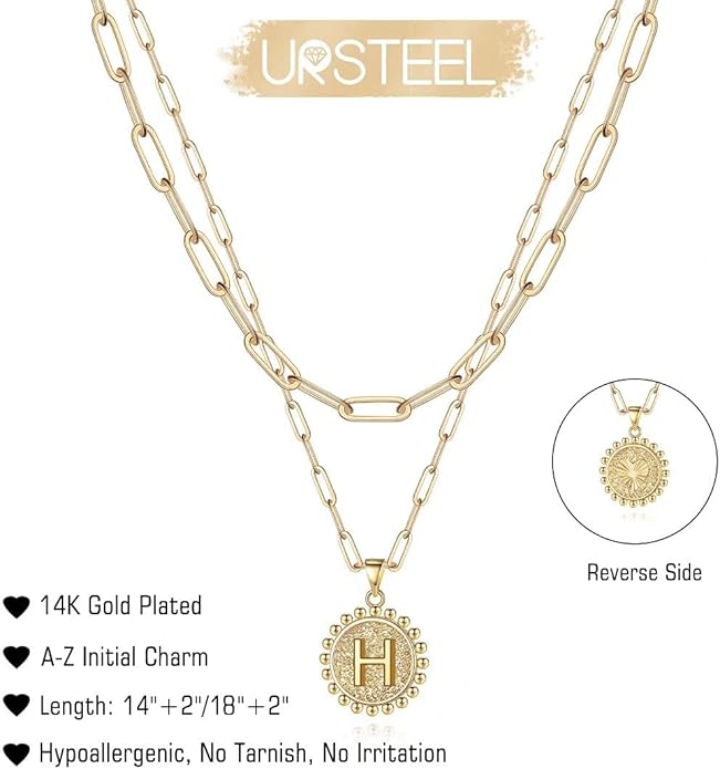 Ursteel Layered Initial Necklaces for Women, 14K-Gold-Plated Dainty Layering Paperclip Chain Necklaces for Women Jewelry