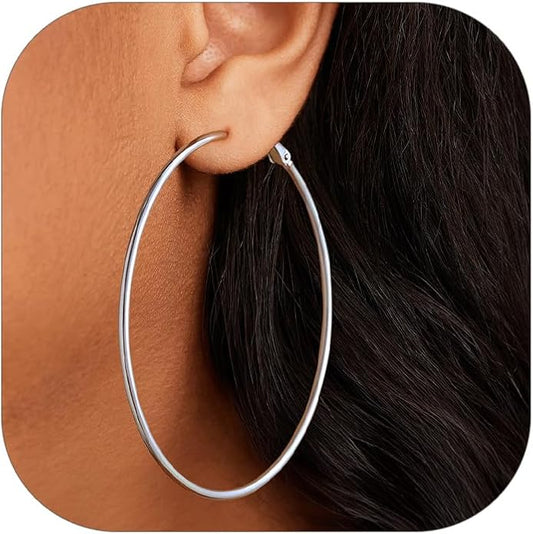 FOCALOOK 14K Gold Plated Lightweight Large Hoops| 2mm Thin Hoop Earrings for Women 30/40/50/70/100mm