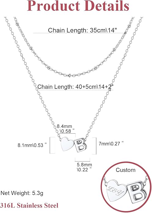 FOCALOOK Layered Initial Necklace for Women, 14K Gold Plated Choker Necklaces Stacks with Initial A-Z, Dainty Silver Heart Pendant Necklace Personalized Birthday Women Jewelry