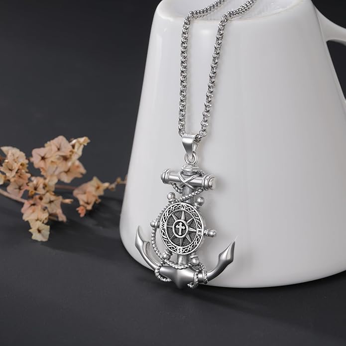 LES OSEWA Compass Necklace for Men Sterling Silver Compass Pendant Masonic Viking Necklace Travel Amulet Necklace Inspirational Graduation Jewelry Gifts for Women