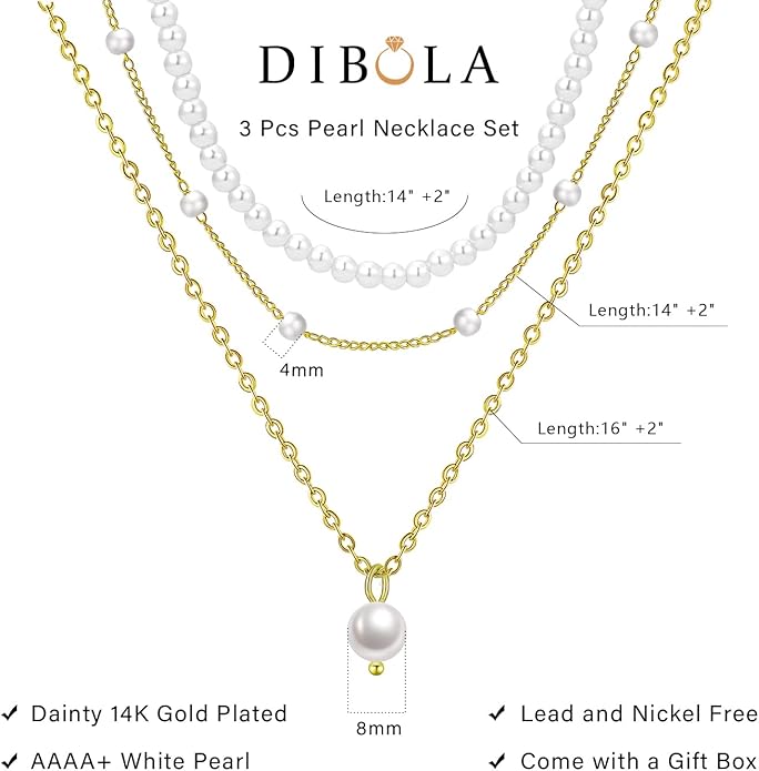 DIBOLA Gold Jewelry Set for Women, Dainty Layered 14K Gold/Silver Pearl Choker Necklaces and Earring Set Pearl Earrings Bracelets Wedding Bride Jewelry