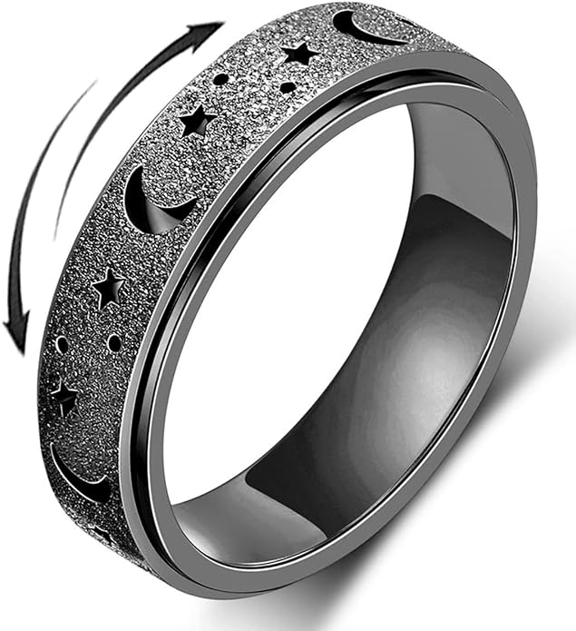 AmorArtSky Anxiety Ring for Women Men, Titanium Stainless Steel Spinner Ring, 5 Colors, 6MM, Size 6-10, 3 Styles Anxiety Ring-Moon Star, Sandblasted Finished, Hollow Outer