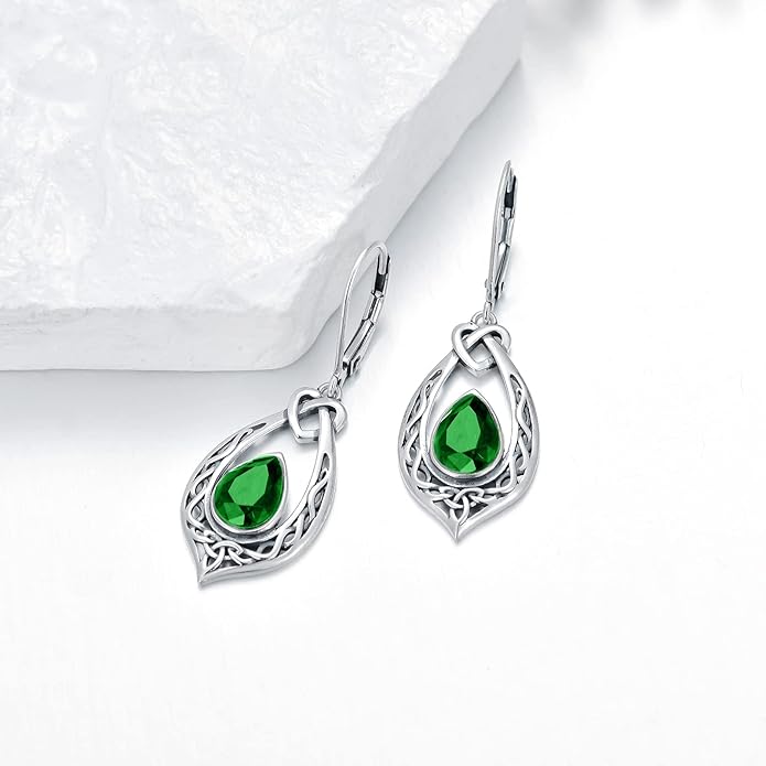 Celtic Knot Dangle Earrings 925 Sterling Silver Oxidized Vintage Drop Leverback Earrings with 8 * 6mm Simulated Birthstone Crystal Christmas Jewelry Gifts for Women (Gift Box)