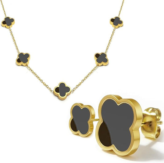 Aimétte Monette 18K Gold Plated Jewelry Set Clover Necklace Stud Earrings for Women Hypoallergenic Lucky Clover Pendant Necklace Gold Bracelets for Women Gifts