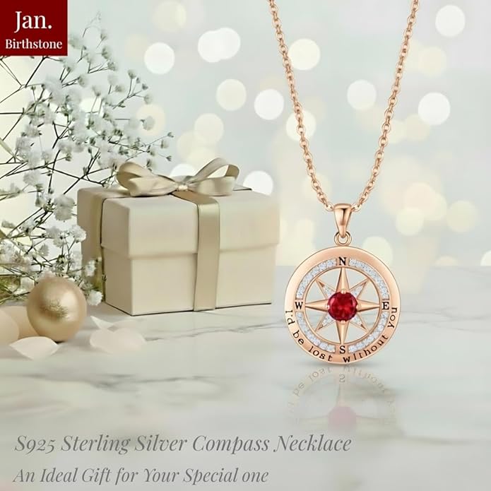 Compass Necklace for Women Wife Girlfriend Mom Daughter Gifts S925 Silver Jewelry For Anniversary Rose Gold Gifts For Birthday Christmas Mothers Valentines Day 12 Birthstones