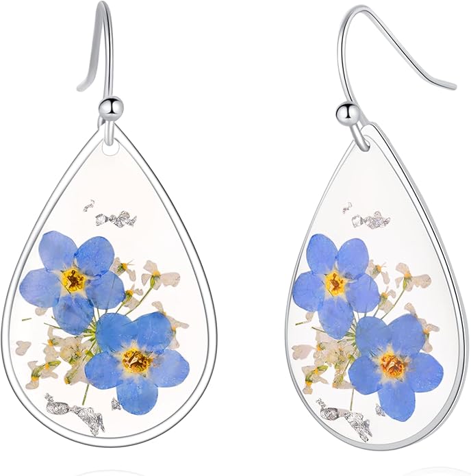 Forget-Me-Not and Queen Anne's Lace Pressed Wildflower Earrings | Pressed Flower Earrings | Handmade Drop and Dangle Earrings | Gift for Woman
