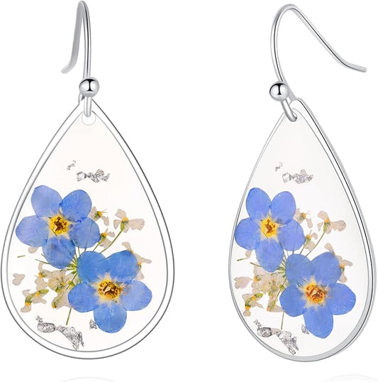 Forget-Me-Not and Queen Anne's Lace Pressed Wildflower Earrings | Pressed Flower Earrings | Handmade Drop and Dangle Earrings | Gift for Woman