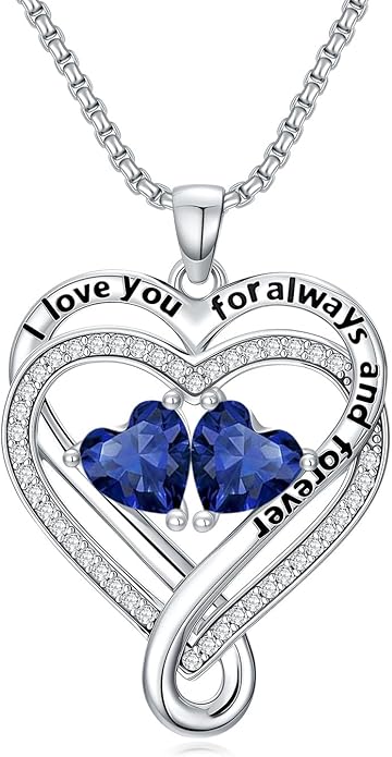 I Love You for Awlays and Forever Double Heart Necklace with Birthstone, 2 Birth Stone Jewelry Anniversary Valentines Mothers Day Christmas Birthday Gifts for Women Her Wife Girlfriend Mom Mother