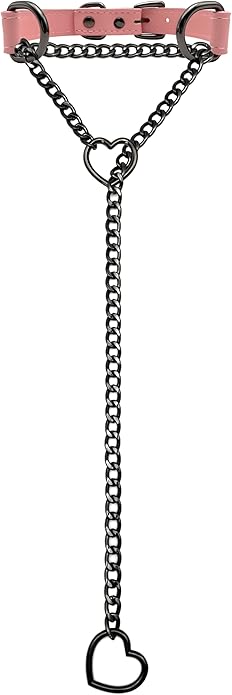 Black Leather Choker Collar For Women, Handmade Heart Slip Chain Choker Long Necklace with Adjustable Buckle