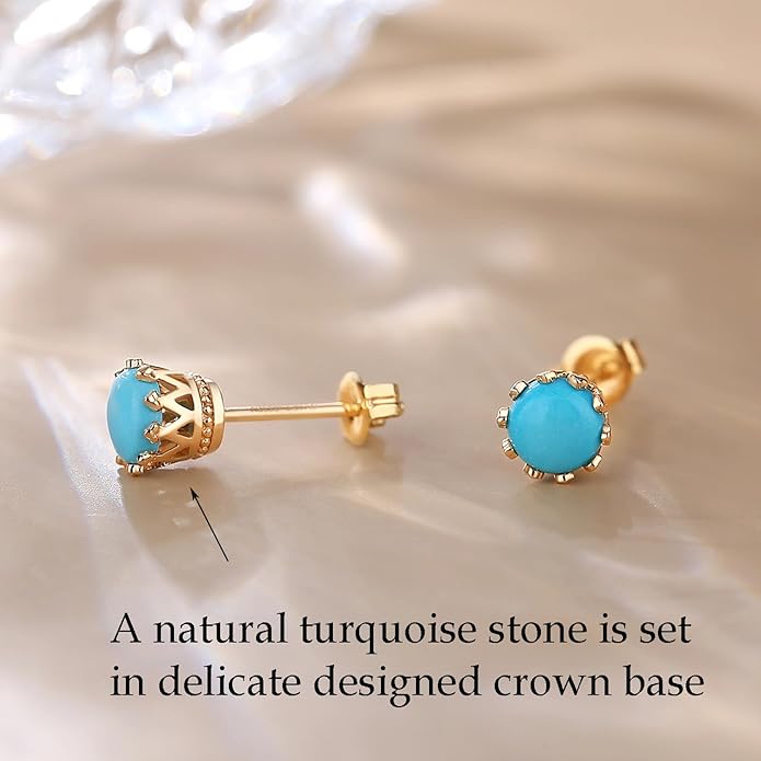 FANCIME 14K Real Solid Yellow Gold Genuine Gemstone Earrings Small Natural Turquoise Birthstone Earrings Hypoallergenic Bezel Setting Fine Jewelry for Women