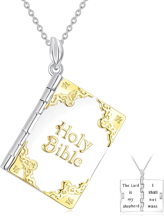 925 Sterling Silver Mini Bible Book Pendant Necklace, Openable Vintage Necklace, Christian Prayer Scripture Jewelry for Men and Women