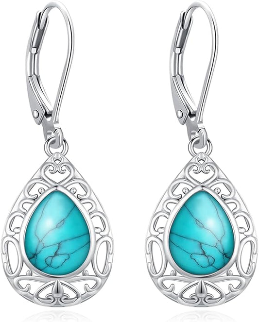 Sterling Silver Tree of Life/Flower/Bee/Animals/Cat/Hummingbird Dangle Earrings Moonstone Turquoise Drop Leverback Earrings Jewelry Gifts