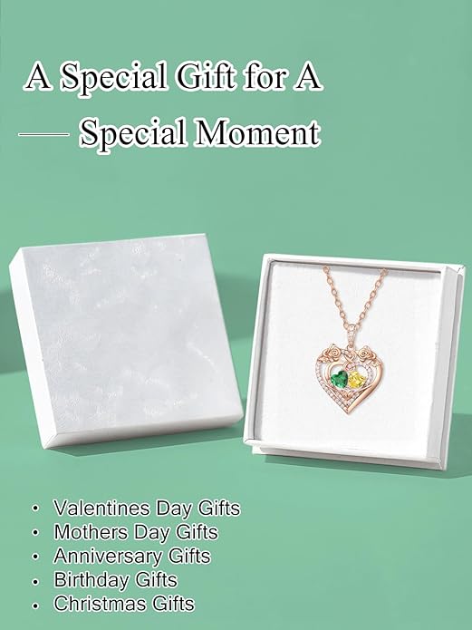 JIYVY32 Rose Heart Necklace for Women Exquisite 925 Sterling Silver Anniversary Birthday Gifts for Wife Mom Her Double Birthstone Pendant Jewelry