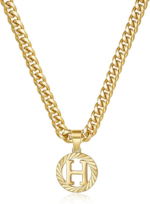 KissYan Gold Initial Necklace,14K Gold Plated Round Letter Pendant Hollow Capital Monogram 5mm Cuban Chain Necklace Alhpabets from A-Z Dainty Jewelry for Women Men
